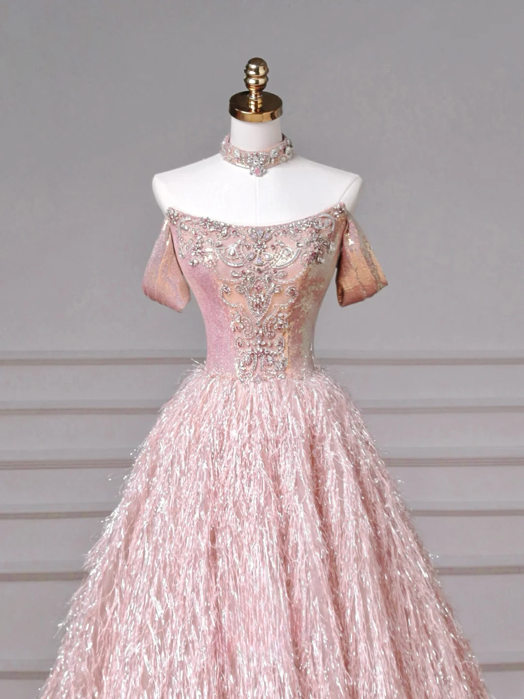 Fairy-tale Ball Gown Strapless Pink Tulle With Gems Long Formal Fancy Beaded Prom Evening Dress Dinner Outfits Party Gowns AQ082