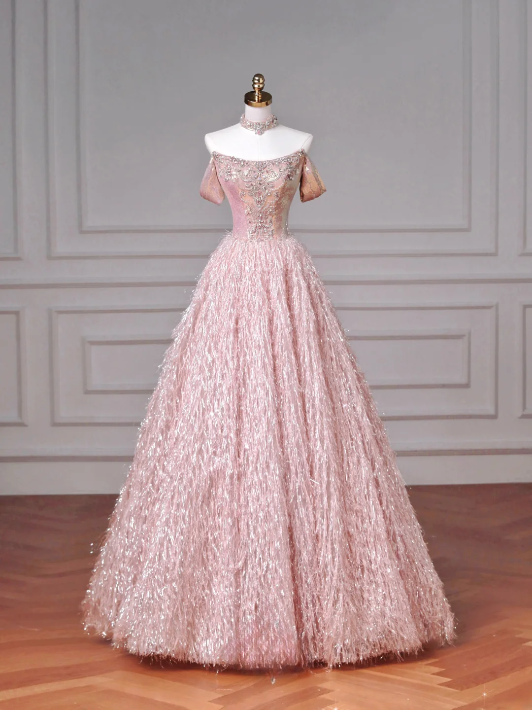 Fairy-tale Ball Gown Strapless Pink Tulle With Gems Long Formal Fancy Beaded Prom Evening Dress Dinner Outfits Party Gowns AQ082