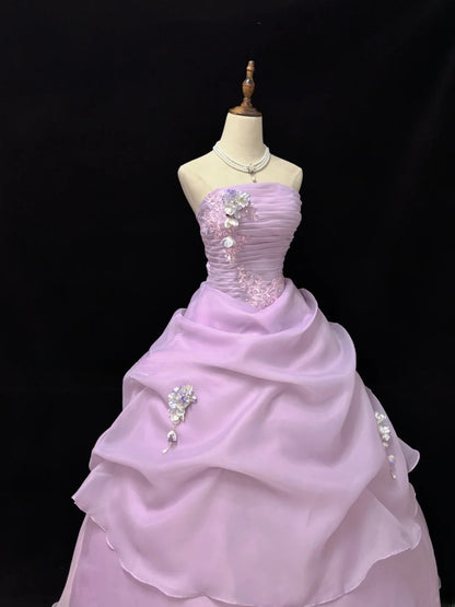 Beautiful Ball Gown Strapless Lilac Organza Long Quince Dress Voluminous Sweet 16 Sweet Sixteen Outfits Vestido de 15 RB7453