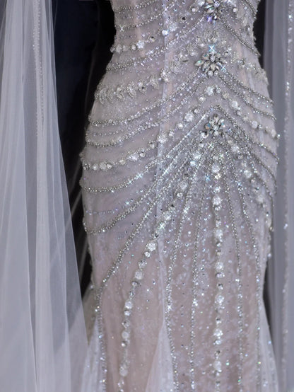 Timeless Wedding Gowns Dresses Romantic Mermaid Spaghetti Strap for Bride Tulle With Silver Beadings White Petite/Plus Size Bridal Gown For Women SA082
