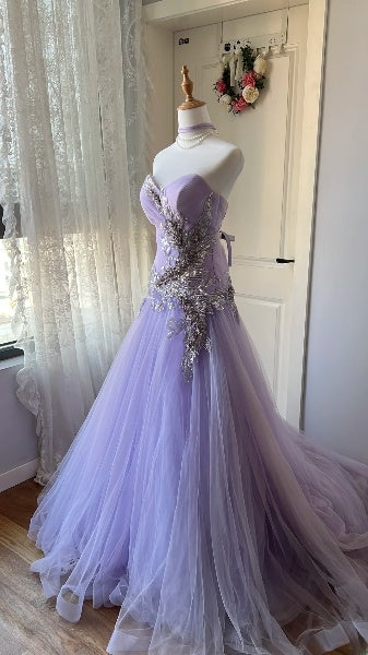 Lilac Prom Dress Long Mermaid Sweetheart With Lace Appliques Formal Party Gown For Women RC0450