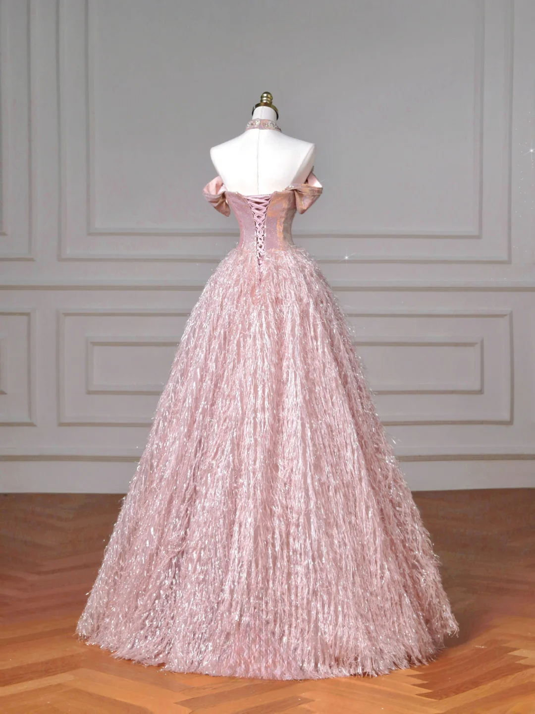 Fairy-tale Ball Gown Strapless Pink Tulle With Gems Long Formal Fancy Beaded Prom Evening Dress Dinner Outfits Party Gowns AQ082