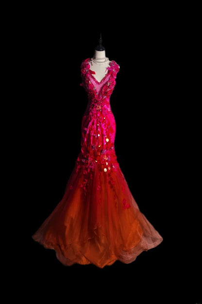 Retro 60s Mermaid V Neck Red Tulle Lace Sleeveless Long Evening Dresses Inspo Senior Night Dance Prom Dress AS083