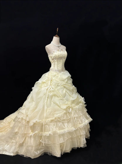 Vintage Ball Gown Strapless Cream Ivory Organza With Beading Lace Long Brides Gown Bridal Dress Wedding Dresses Style RB7454
