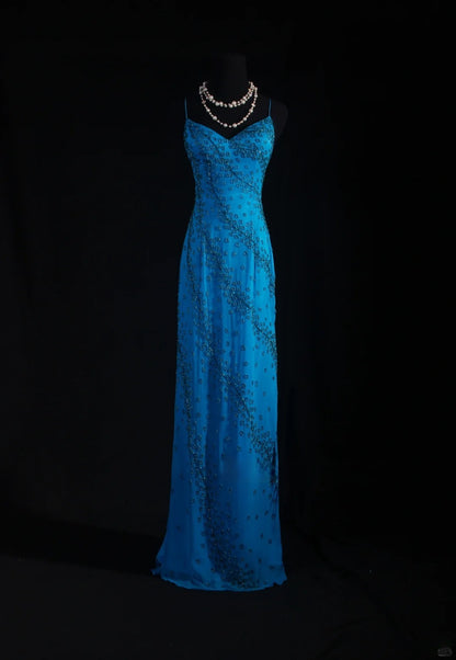Vintage 1950s Formal Mermaid Spaghetti Strap Royal Blue Chiffon With Beads Sleeveless Long Prom Dresses Party Formal Gowns AS083