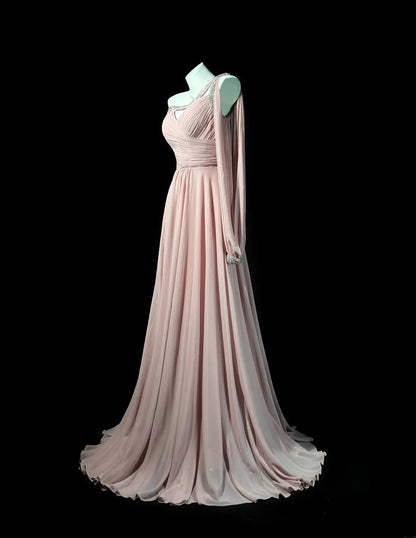 Vintage 80s Prom Dresses A line One Shoulder Pink Chiffon With Beading Long Evening Dress Formal Outfits RB5890