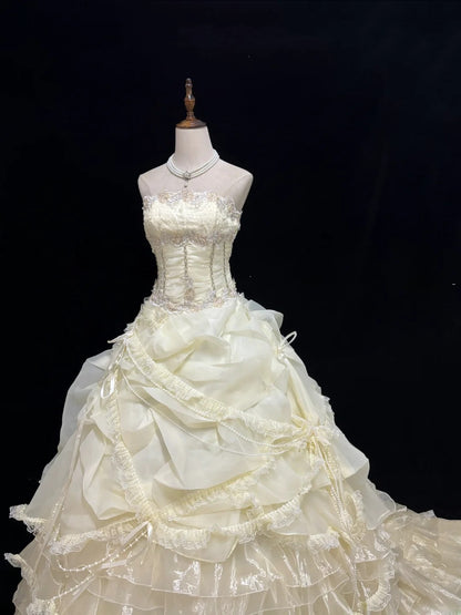 Vintage Ball Gown Strapless Cream Ivory Organza With Beading Lace Long Brides Gown Bridal Dress Wedding Dresses Style RB7454