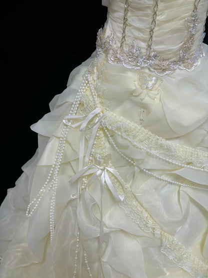 Vintage Ball Gown Strapless Cream Ivory Organza With Beading Lace Long Brides Gown Bridal Dress Wedding Dresses Style RB7454