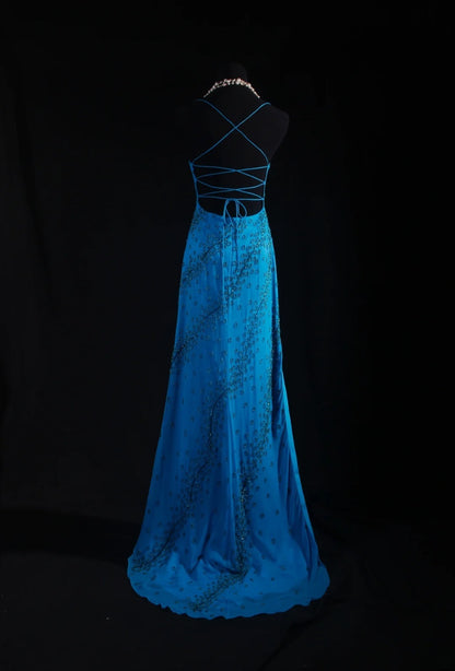 Vintage 1950s Formal Mermaid Spaghetti Strap Royal Blue Chiffon With Beads Sleeveless Long Prom Dresses Party Formal Gowns AS083