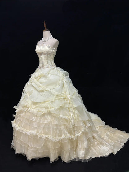 Vintage Ball Gown Strapless Cream Ivory Organza With Beading Lace Long Brides Gown Bridal Dress Wedding Dresses Style RB7454