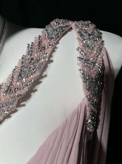 Vintage 80s Prom Dresses A line One Shoulder Pink Chiffon With Beading Long Evening Dress Formal Outfits RB5890