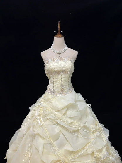 Vintage Ball Gown Strapless Cream Ivory Organza With Beading Lace Long Brides Gown Bridal Dress Wedding Dresses Style RB7454
