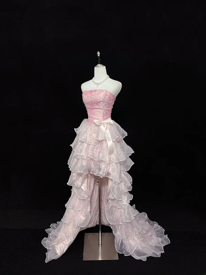 Vintage High Low Strapless Pink Chiffon With Tiered Layers Prom Dress Formal Dress Party Dresses RB7455
