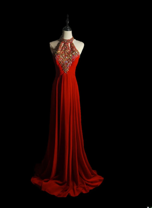 Classic A line Halter Red Chiffon Sleeveless With Beads Long Prom Dresses High School Senior Graduation Dance Evening Outfits AS084