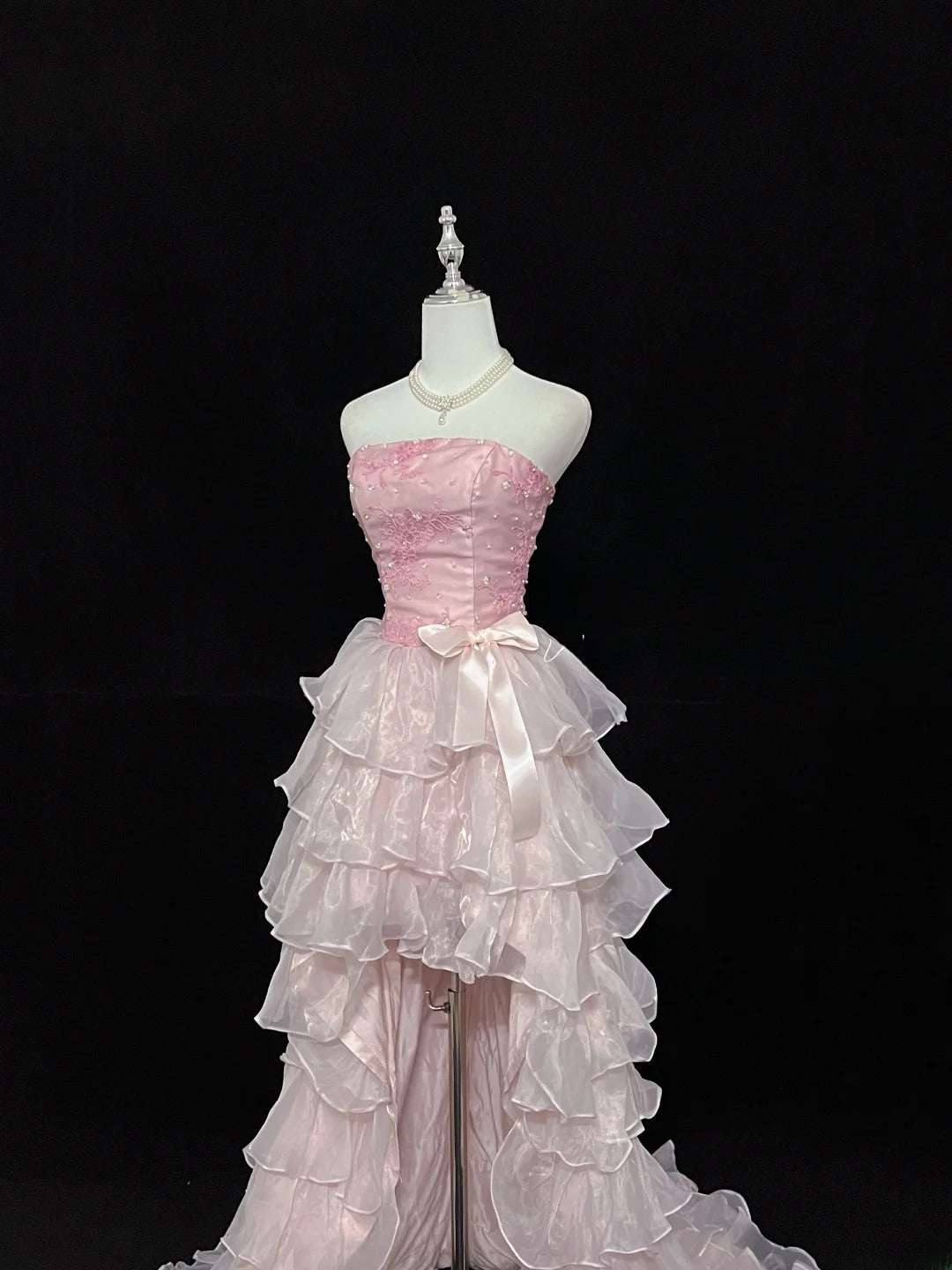 Vintage High Low Strapless Pink Chiffon With Tiered Layers Prom Dress Formal Dress Party Dresses RB7455