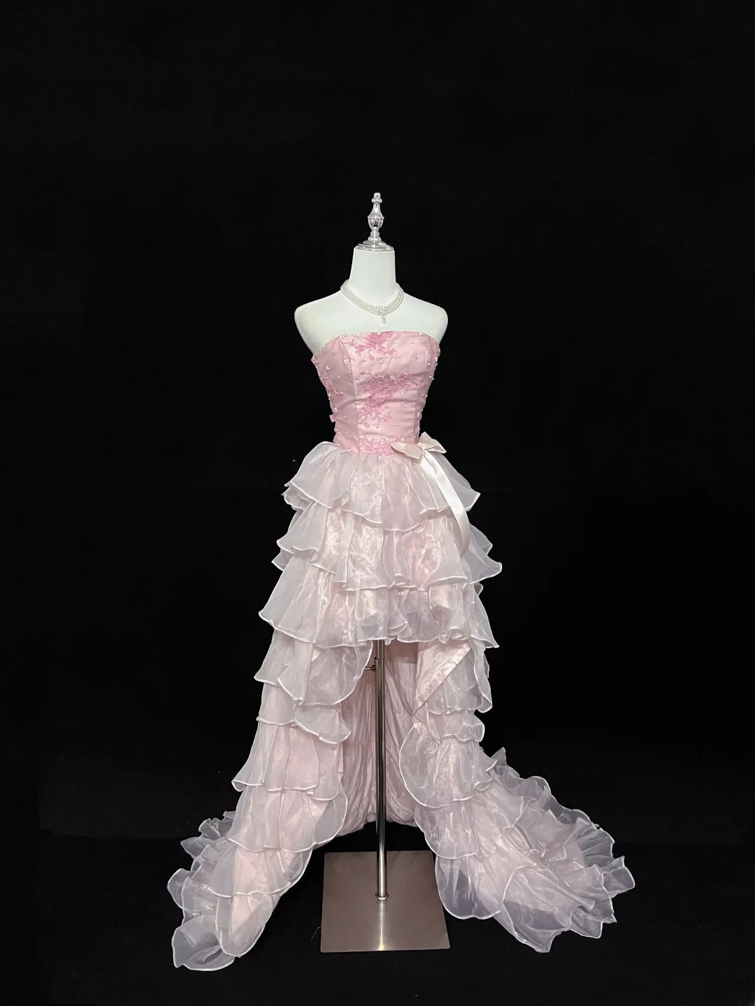 Vintage High Low Strapless Pink Chiffon With Tiered Layers Prom Dress Formal Dress Party Dresses RB7455