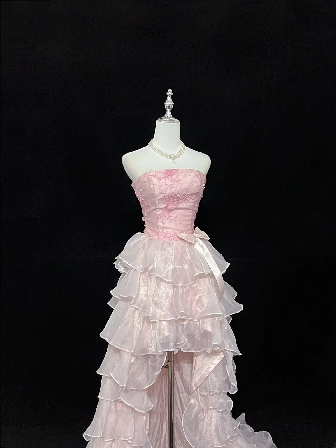 Vintage High Low Strapless Pink Chiffon With Tiered Layers Prom Dress Formal Dress Party Dresses RB7455