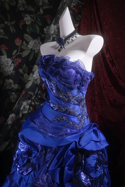 Pretty Ball Gown Strapless Royal Blue With Tiered Layers Long Quince Dress Quinceanera Dresses Formal Birthday Outfits RB8103