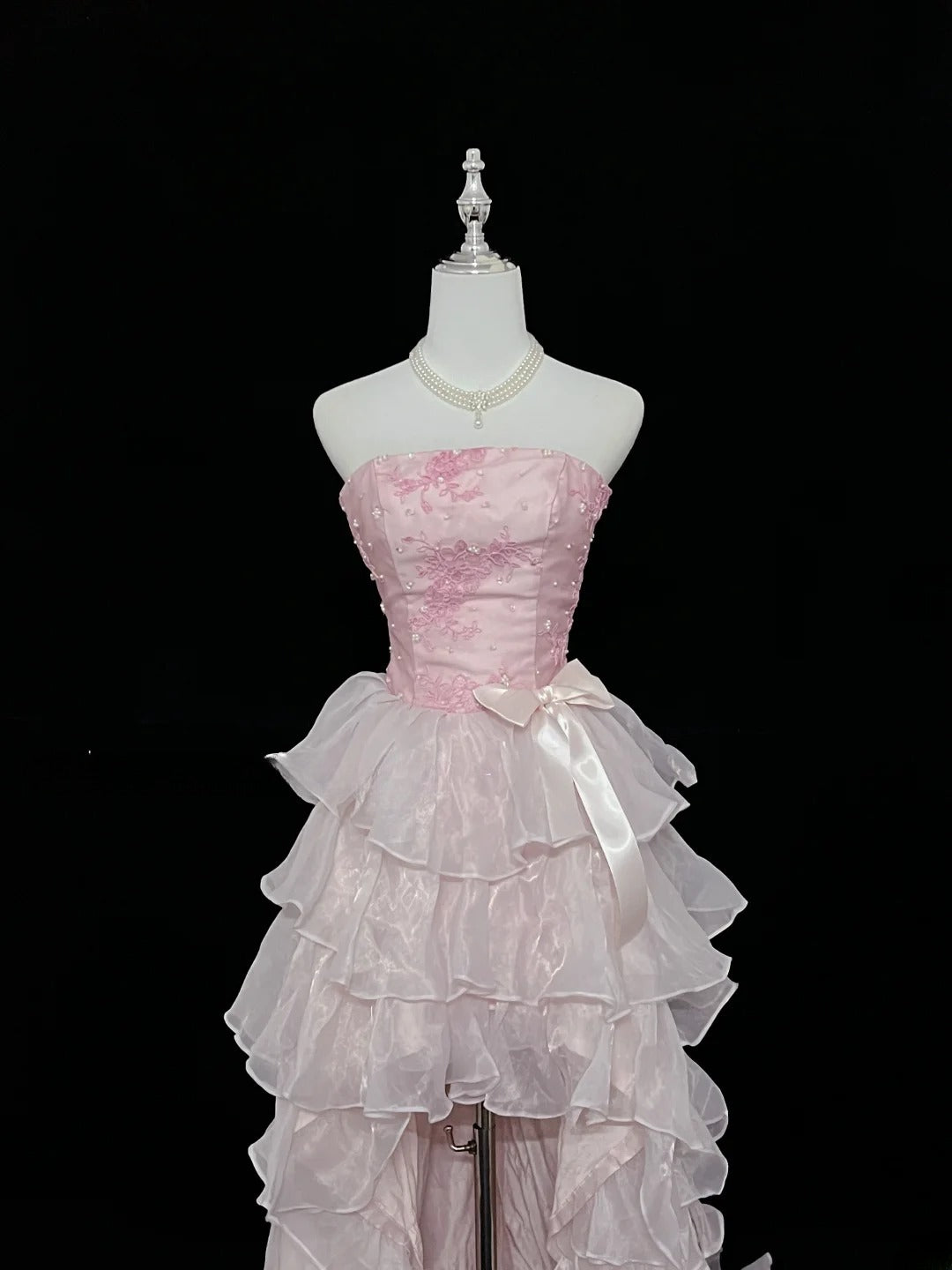 Vintage High Low Strapless Pink Chiffon With Tiered Layers Prom Dress Formal Dress Party Dresses RB7455