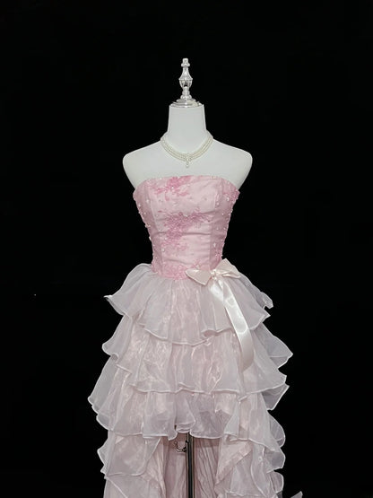 Vintage High Low Strapless Pink Chiffon With Tiered Layers Prom Dress Formal Dress Party Dresses RB7455