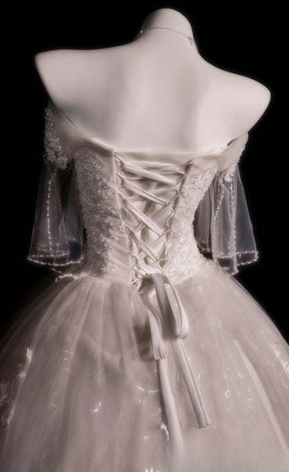 Princess Wedding Dress Ball Gown Off Shoulder White Tulle With Half Sleeves Bridal Gown for Big Day RB9885