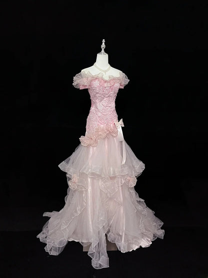Vintage Mermaid Off The Shoulder Pink Tulle With Tiered Layers Prom Dress Formal Dress Party Dresses RB7456