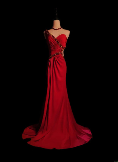 Classic Mermaid One Shoulder Red Chiffon Sleeveless With Beads Long Prom Dresses High School Senior Graduation Dance Evening Outfits AS085