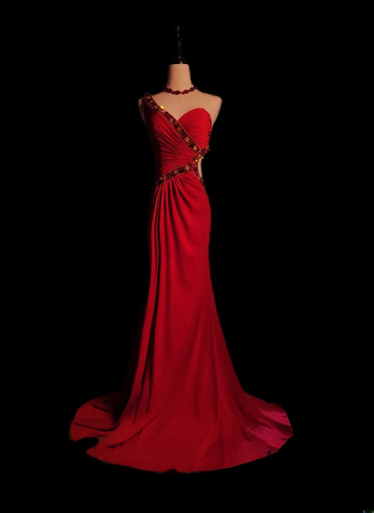 Classic Mermaid One Shoulder Red Chiffon Sleeveless With Beads Long Prom Dresses High School Senior Graduation Dance Evening Outfits AS085