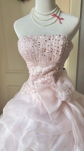 Dream Sweet 16 Dresses Long Strapless Pink With Tiered Layers Ball Gown Sweet Sixteen Party Birthday Outfit RC0453