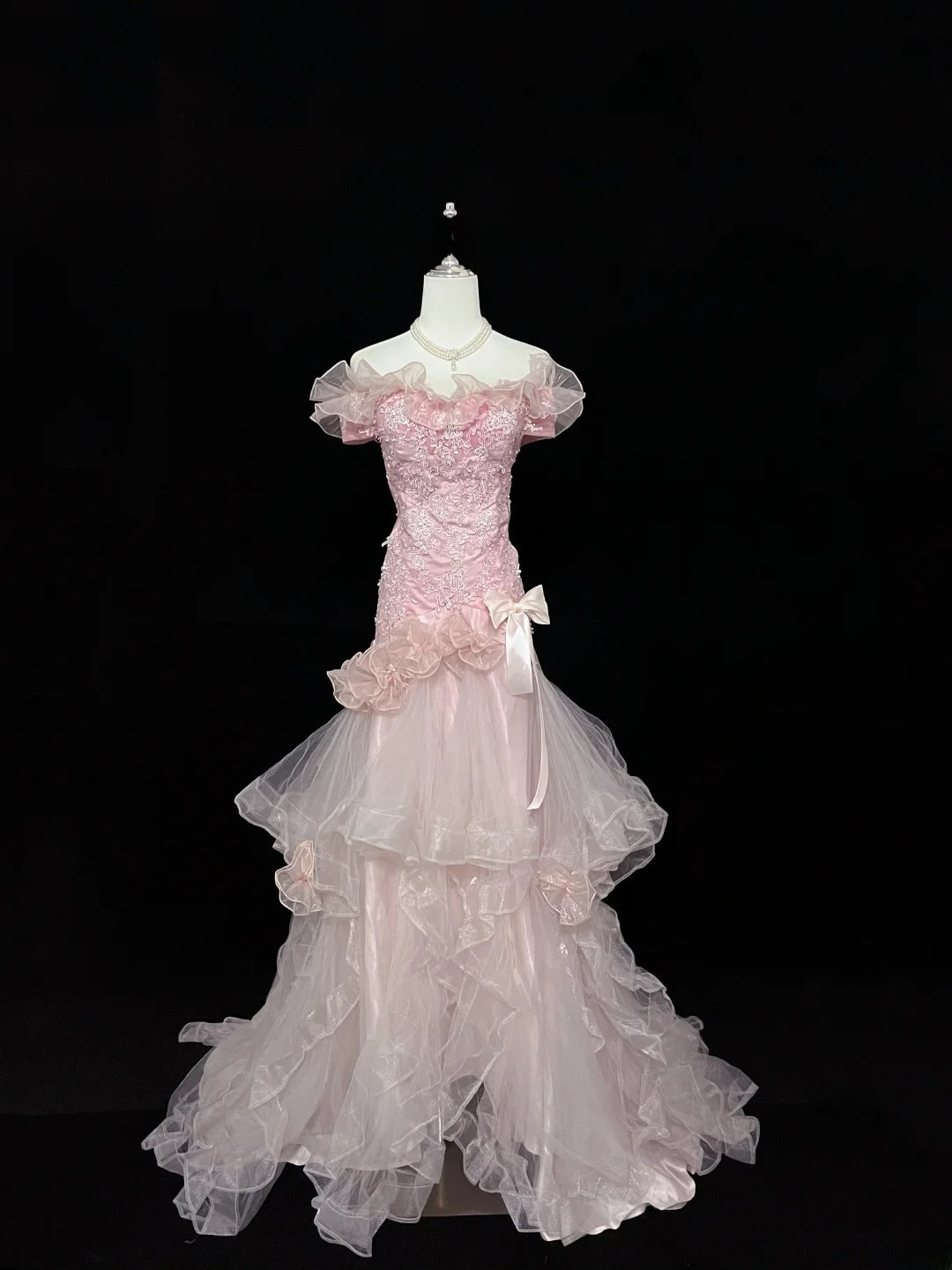 Vintage Mermaid Off The Shoulder Pink Tulle With Tiered Layers Prom Dress Formal Dress Party Dresses RB7456