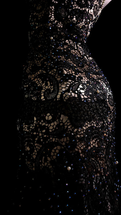 Black Prom Dress Mermaid One Shoulder Lace With Beading Modest Formal Party Gown RB9886