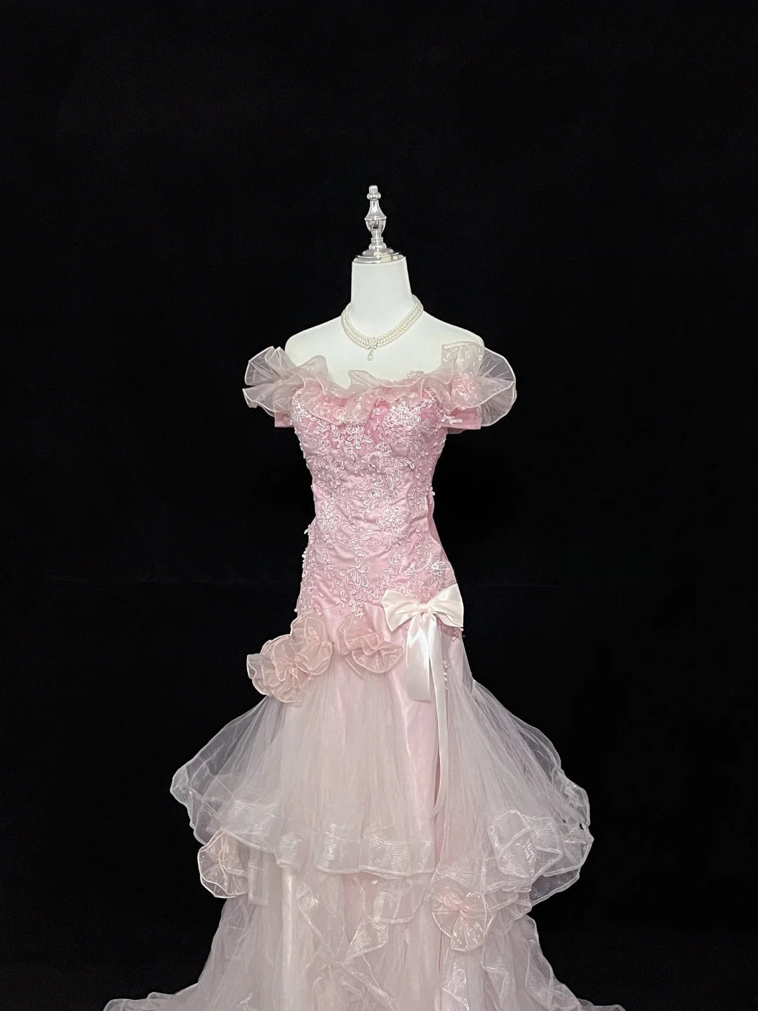 Vintage Mermaid Off The Shoulder Pink Tulle With Tiered Layers Prom Dress Formal Dress Party Dresses RB7456