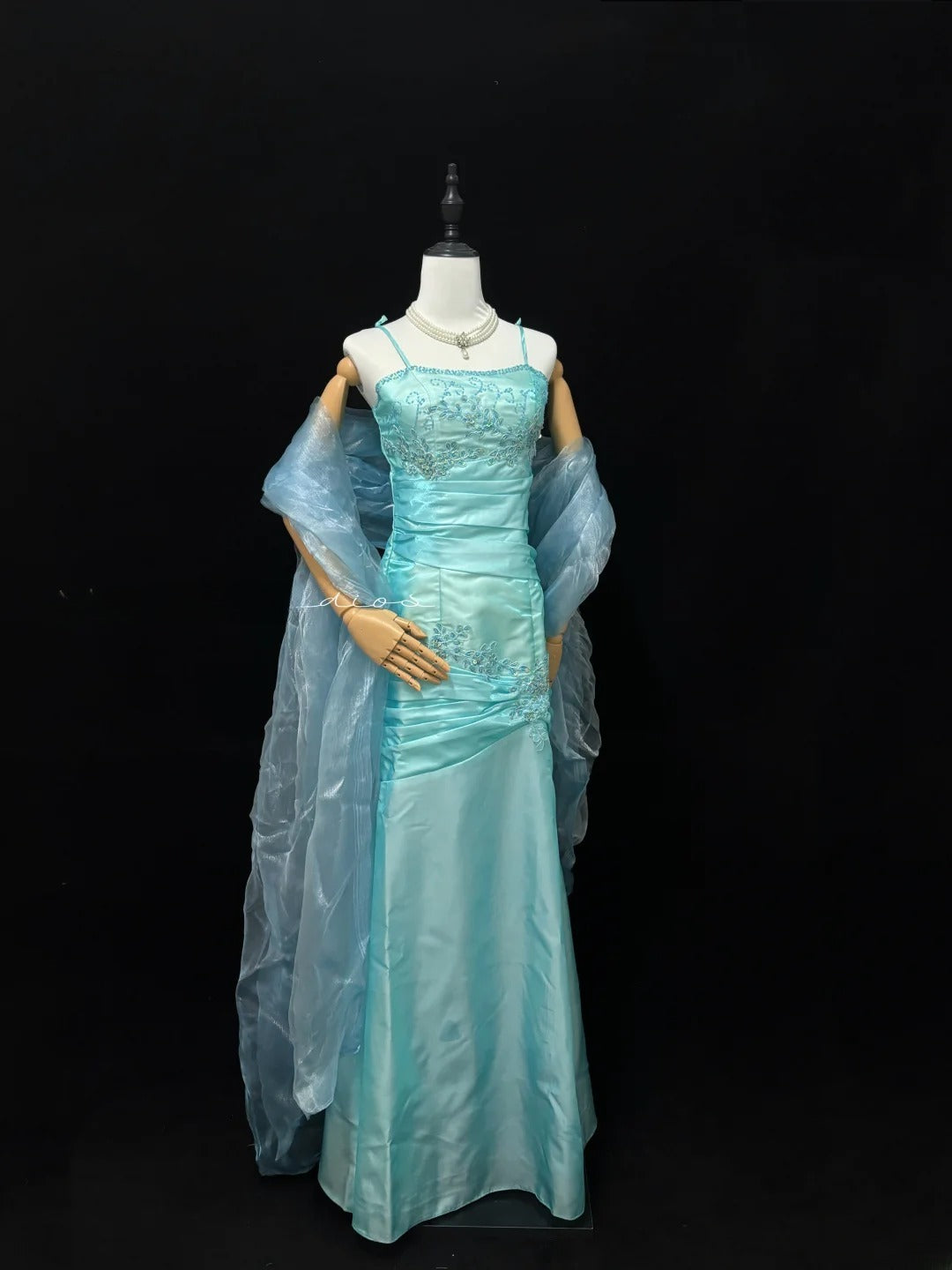 Vintage Mermaid Spaghetti Strap Blue Satin With Scarf Long Prom Dress Formal Outfits Party Dresses RB7457