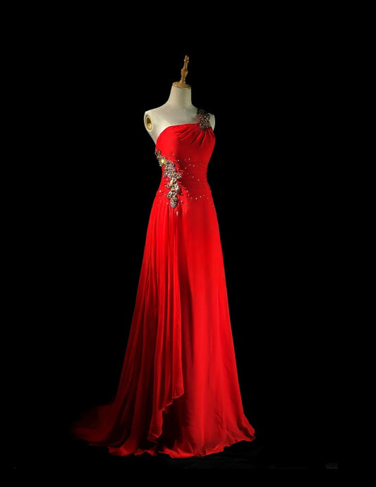 Vintage 80s Prom Dresses A line One Shoulder Red Chiffon With Beading Long Evening Dress Formal Outfits RB5893
