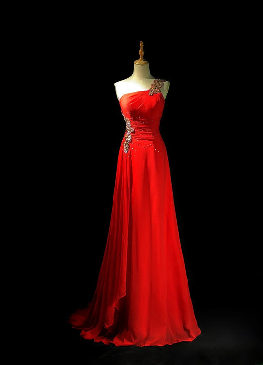 Vintage 80s Prom Dresses A line One Shoulder Red Chiffon With Beading Long Evening Dress Formal Outfits RB5893