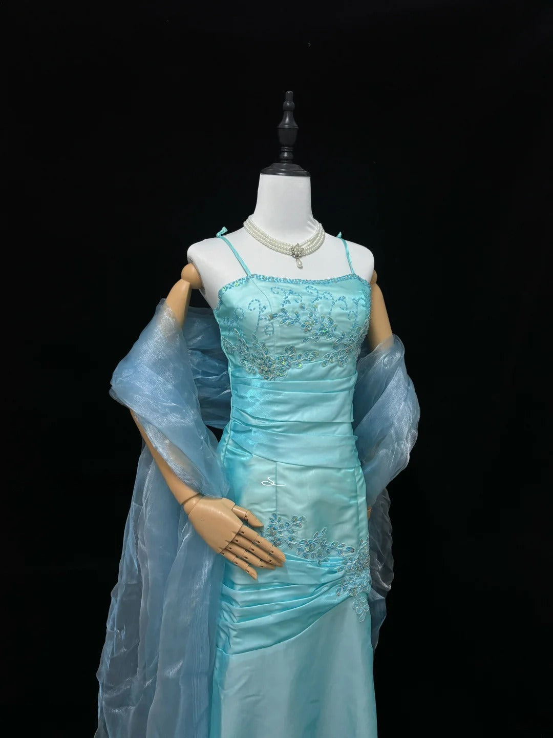 Vintage Mermaid Spaghetti Strap Blue Satin With Scarf Long Prom Dress Formal Outfits Party Dresses RB7457