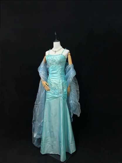 Vintage Mermaid Spaghetti Strap Blue Satin With Scarf Long Prom Dress Formal Outfits Party Dresses RB7457