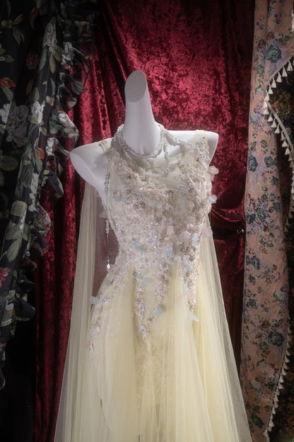 Elegant A Line Scoop Neck Yellow Tulle With Appliqued Cape Long Prom Dresses Formal Outfit Evening Night Dress RB8101