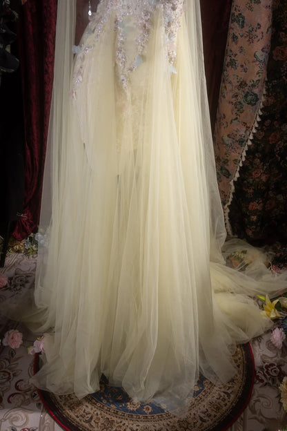 Elegant A Line Scoop Neck Yellow Tulle With Appliqued Cape Long Prom Dresses Formal Outfit Evening Night Dress RB8101