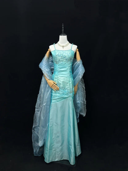 Vintage Mermaid Spaghetti Strap Blue Satin With Scarf Long Prom Dress Formal Outfits Party Dresses RB7457