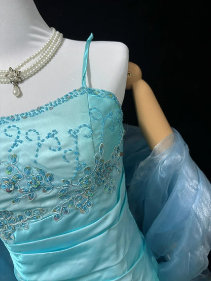 Vintage Mermaid Spaghetti Strap Blue Satin With Scarf Long Prom Dress Formal Outfits Party Dresses RB7457