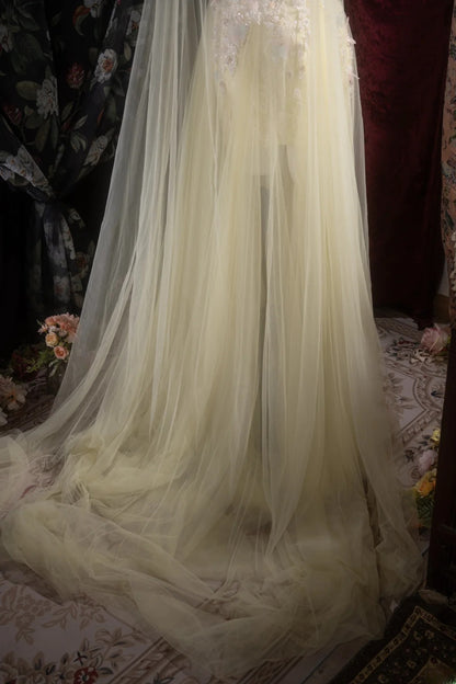 Elegant A Line Scoop Neck Yellow Tulle With Appliqued Cape Long Prom Dresses Formal Outfit Evening Night Dress RB8101