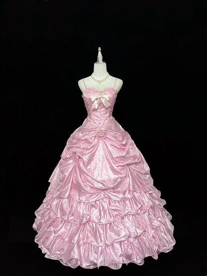 Cute Ball Gown Spaghetti Straps Pink Taffeta With Flowers Quince Dress Voluminous Sweet 16 Sweet Sixteen Outfits Vestido de 15 RB7458