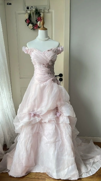 Pink Prom Dress Long Mermaid Off The Shoulder With Lace Appliqued Formal Party Gown For Women RC0455