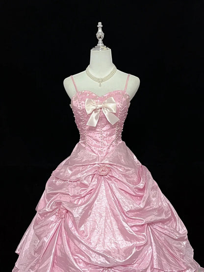 Cute Ball Gown Spaghetti Straps Pink Taffeta With Flowers Quince Dress Voluminous Sweet 16 Sweet Sixteen Outfits Vestido de 15 RB7458