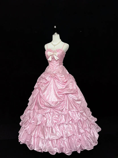 Cute Ball Gown Spaghetti Straps Pink Taffeta With Flowers Quince Dress Voluminous Sweet 16 Sweet Sixteen Outfits Vestido de 15 RB7458