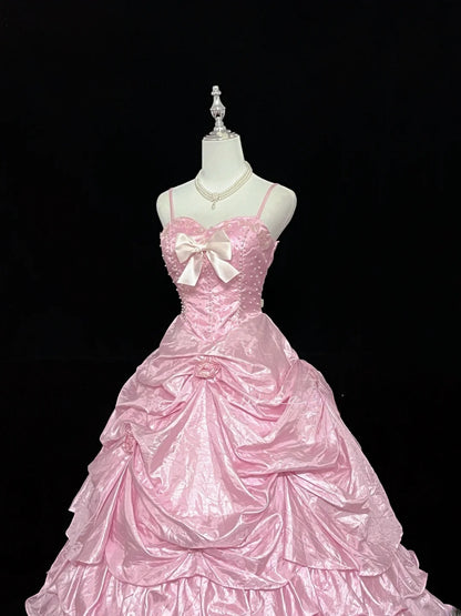 Cute Ball Gown Spaghetti Straps Pink Taffeta With Flowers Quince Dress Voluminous Sweet 16 Sweet Sixteen Outfits Vestido de 15 RB7458
