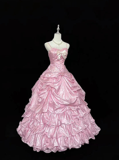 Cute Ball Gown Spaghetti Straps Pink Taffeta With Flowers Quince Dress Voluminous Sweet 16 Sweet Sixteen Outfits Vestido de 15 RB7458