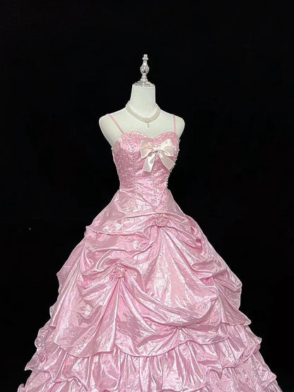 Cute Ball Gown Spaghetti Straps Pink Taffeta With Flowers Quince Dress Voluminous Sweet 16 Sweet Sixteen Outfits Vestido de 15 RB7458