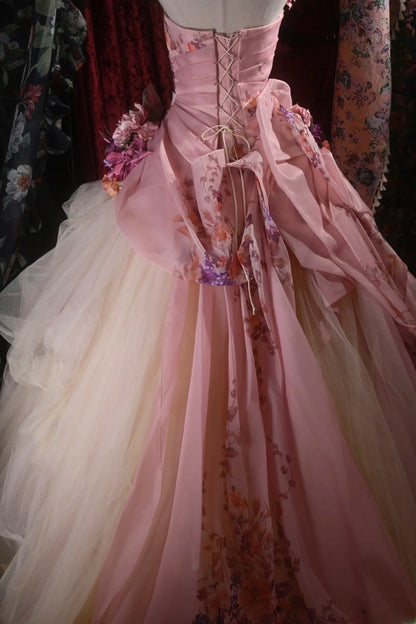 Pretty Ball Gown Strapless Pink With 3D Flowers Long Quince Dress Quinceanera Dresses Formal Birthday Outfits RB8105